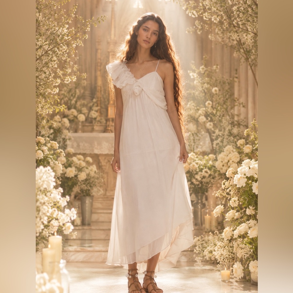 LET ME BE Asymmetric 3d Floral Midi Dress